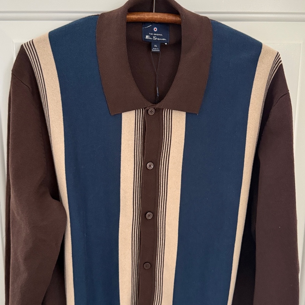 Ben Sherman Men's Retro Brown and Blue Striped Sweater - Size XL - Picture 2 of 13